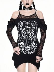 ROMWE Váy ngắn tay dài in hình đầu lâu mèo Gothic, viền bất đối xứng, dây trễ vai, ren tương phản, màu đen, phong cách Halloween - màu đen - Xem 5
