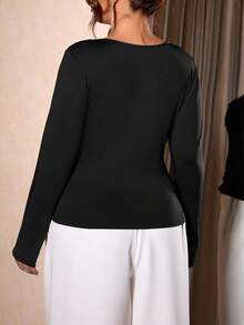 Cravure Christmas Plus Size Elegant Sexy Metal Buckle Long Sleeve T-Shirt Fall Cloth For Women - Black - View 2