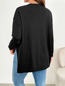 SHEIN Essnce 大码女装春秋时尚休闲宽松舒适日常简约基本百搭修身高开叉黑色 T 恤、秋装、外出上衣 - 黑色 - 查看 2
