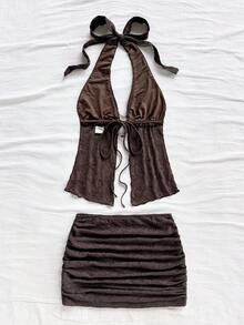 SHEIN x Eduarda Gutierrez Soleia 女士时尚度假休闲露背上衣和迷你裙两件套 - 咖啡棕 - 查看 2