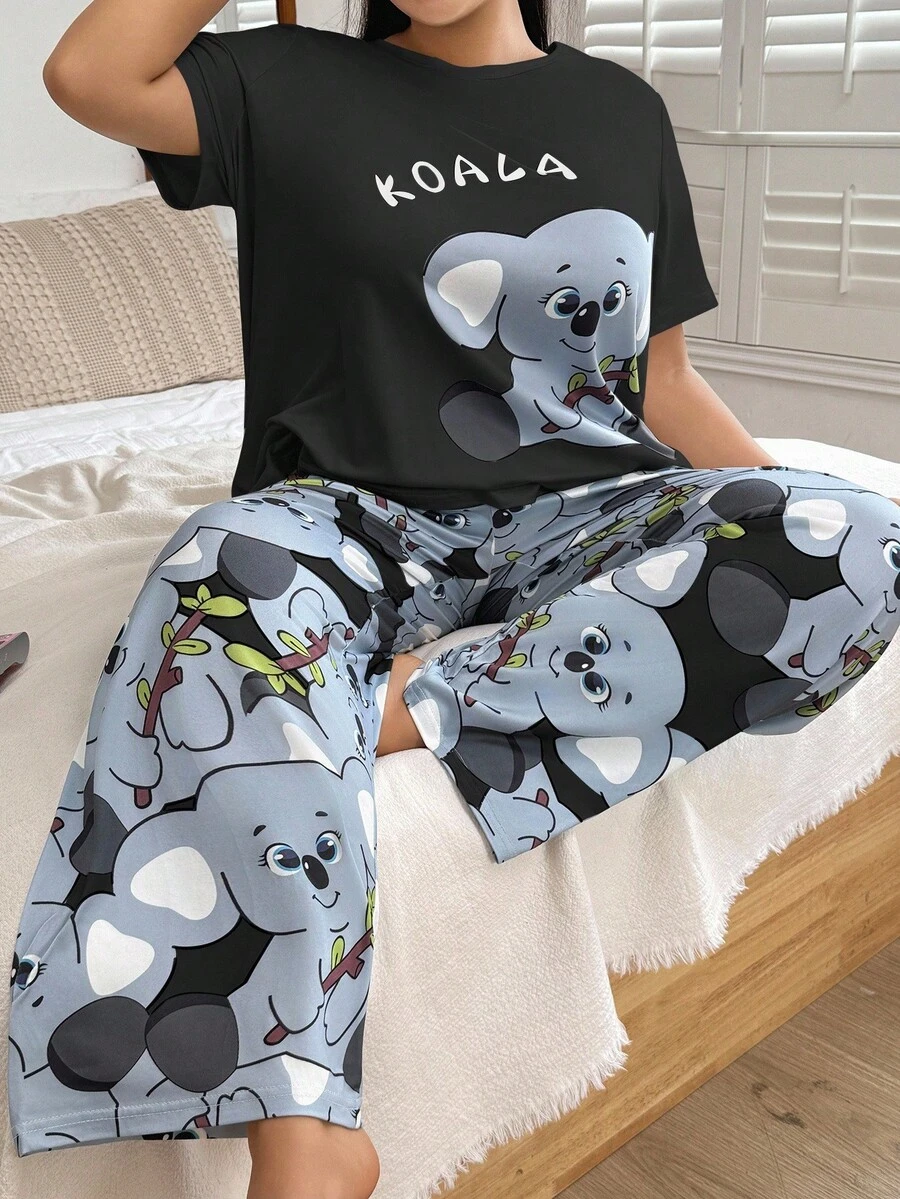 SHEIN Plus Size Gray Milk Silk Knit Koala Print Short Sleeve Pajama Set - Black - View 1