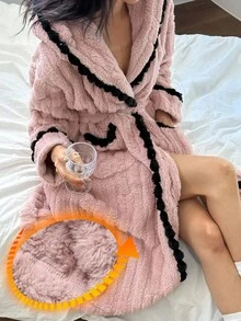 DAZY Women's Textured Fleece Patchwork Hooded Robe, Winter, Fall Fluffy Pajama, Cozy - Pink - View 1