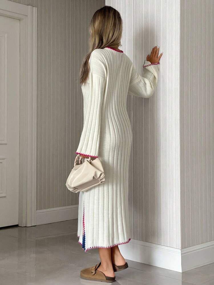 EURMUSE Women Rib Knit Colorful Stitch Detailed Maxi Loose Fit Sweater Knit Dress,Winter Dresses - White - View 2