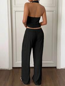 SHEIN EZwear 2件套女士杏色针织纹理露背上衣和裤子套装 - 黑色 - 查看 2