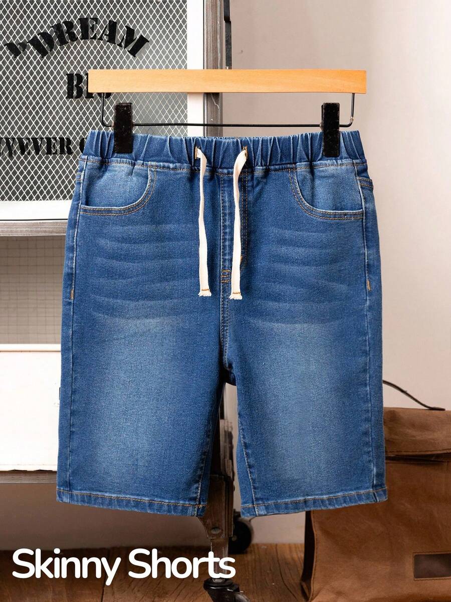 SHEIN Teen Boy Fashion Casual Drawstring Design Dark Blue Elastic Waist Tight Denim Shorts For Teen Boy Clothes Boys Soft Dailywear And Teen Boy Summer And Spring Clothes - Blue - View 1