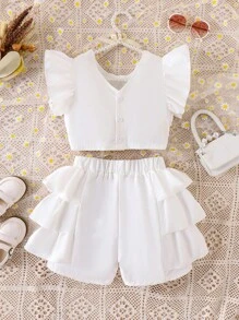 Tween Girl Contrast Lace Butterfly Sleeve Top & Layered Ruffle Shorts