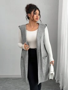 Elenzga 大码女式法式针织中长款连帽背心开衫，无袖针织毛衣外套，休闲宽松百搭通勤装，灰色无袖连帽开衫，带口袋 - 灰色 - 查看 4