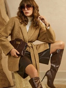 SHEIN LUNE Women's Sequined H-Shaped Lapel Waist Tie Design Single-Breasted Metal Decoration Overcoat Daily Commuting Fall Business Casual Western Wear - Brown - View 1