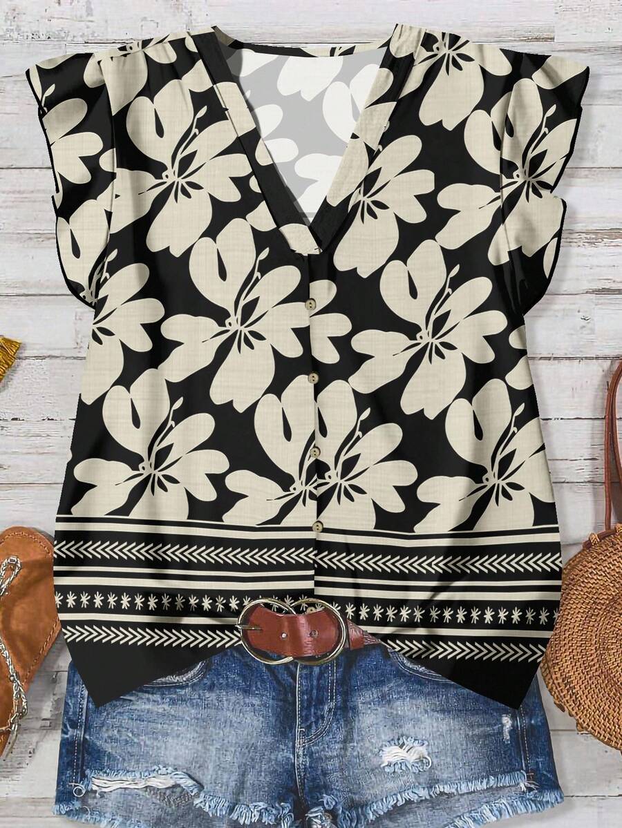 SHEIN LUNE 女士休闲几何印花 V 领荷叶袖衬衫,适合夏季、初秋和秋季 - 彩色 - 查看 1