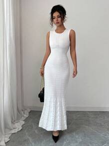 Elenzga Elegant Cream White Sleeveless Pearl Decor Round Neck Wedding Guest Dress, Autumn - White - View 5