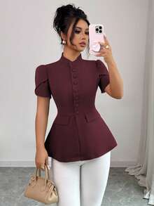 Elenzga Áo sơ mi nữ tay ngắn thanh lịch phong cách Sicilia, cổ đứng, cài nút phía trước, tay bồng, dáng chữ A, túi trang trí, thích hợp mặc khi đi làm, đi nghỉ, tiệc trà chiều, tiệc tùng, xuân/hè - Màu Tím - Xem 6