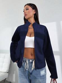 Flirla Women's Casual Daily Sports Minimalist Solid Color High Neck Raglan Sleeve Zip-Up Fleece Jacket, Autumn