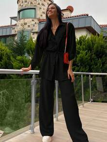 Cottnline Cotton Flap Pocket Drop Shoulder Drawstring Waist Blouse & Pants - Black - View 1