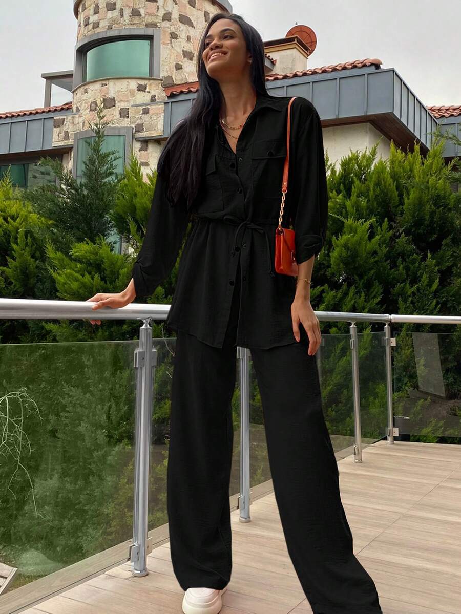 Cottnline Cotton Flap Pocket Drop Shoulder Drawstring Waist Blouse & Pants - Black - View 1