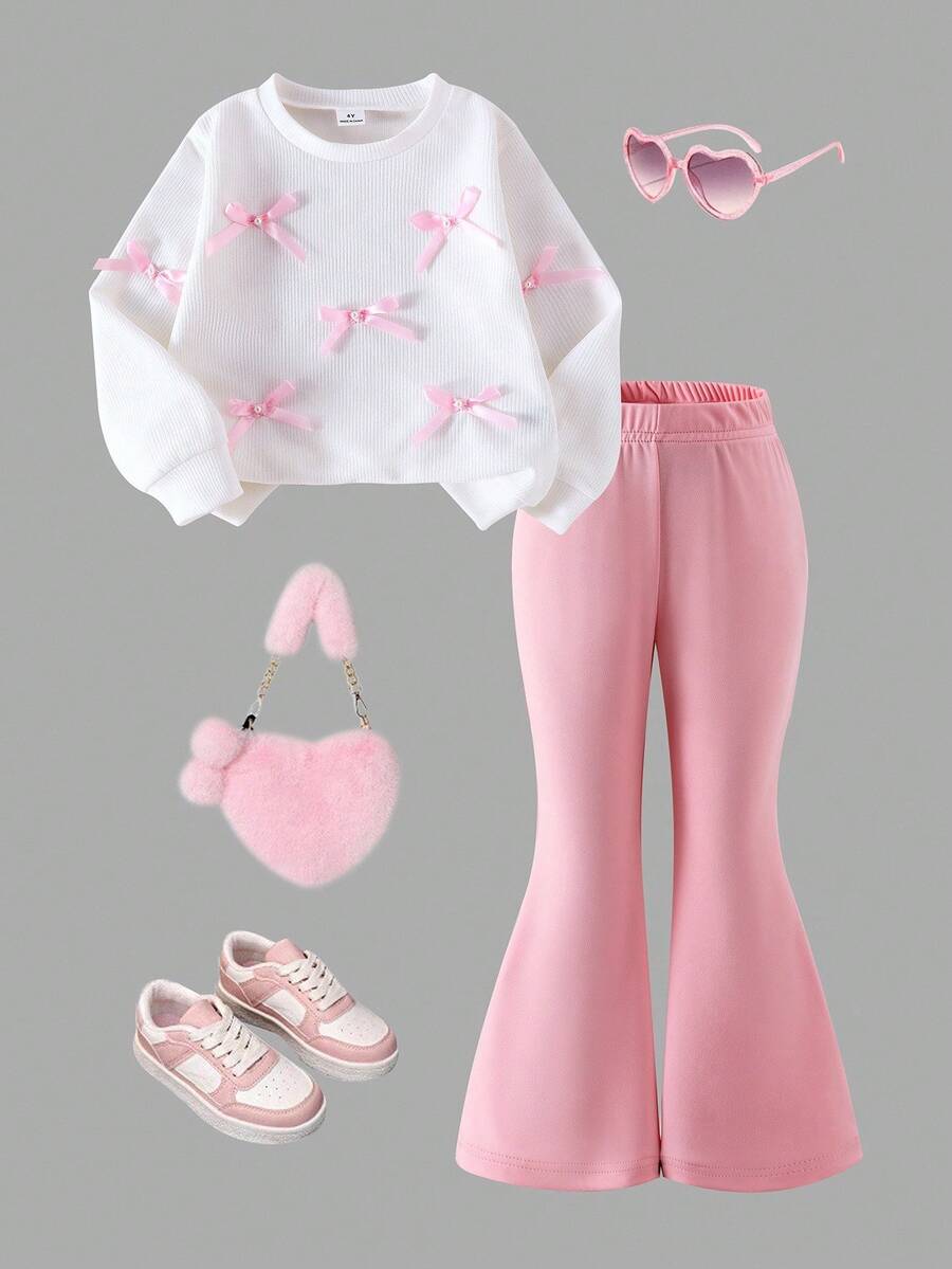 2 Stücke/Set Mädchen (klein) Gestrickte strukturierte gestreifte langärmelige rosa Schlaghose & Schleife T-Shirt Set, bequemer, lässiger, süßer Outfit für den Herbst