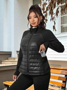 SHEIN EZwear 大尺碼女款保暖絎縫填充外套，寒冷天氣保暖防風夾克，黑色，秋冬季 - 黑色 - 查看 1