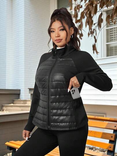 SHEIN EZwear Plus Size Women Warm Quilted Padded Jacket, Cold Weather Thermal Windbreaker, Black, Autumn/Winter Fall