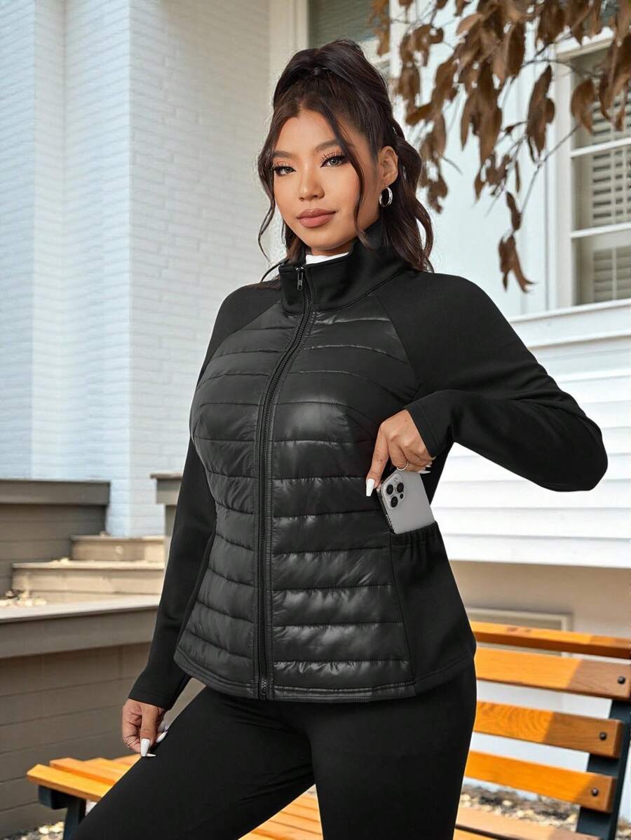 SHEIN EZwear 大尺碼女款保暖絎縫填充外套，寒冷天氣保暖防風夾克，黑色，秋冬季 - 黑色 - 查看 1