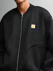 SUMWON Crop Fit Classic Full Zip Jersey Bomber Jacket With Side Pockets Minimalist Design Essential Lightweight Casual Fall Winter Streetwear Plain - Black - View 3