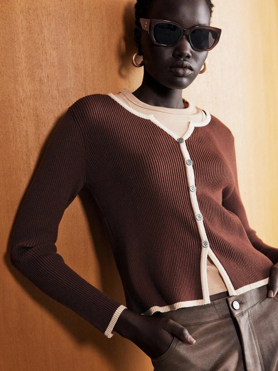 Lumivelle Women's Casual Contrast Color Single-Breasted Knit Cardigan, Autumn Fall Winter Cloth For Women - Coffee Brown - View 1