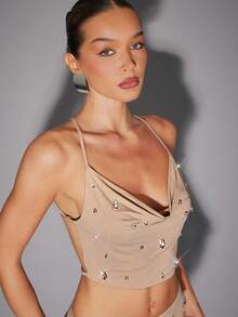 Hauture Sexy Going Out Night Out Party Semi Sheer Nude Tear Drop Crystal Gem Embellished Bodycon Mini Skirt