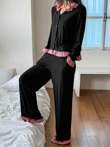 DAZY 女士甜美撞色格子荷叶边睡衣套装，秋季服装 - 黑色 - 查看 5
