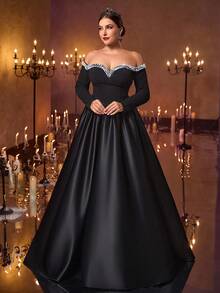 Glamrae Große Größen elegantes luxuriöses schwarzes elastisches Strick-Off-Shoulder Kleid mit Satinpatchwork, Perlenverzierung und Langarm, geeignet für Hochzeiten, Partys, Galas, Urlaub, formelle Anlässe (stark verziert)