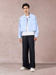 SUMWON 纽扣短款衬衫，带贴袋，长袖，轻薄透气，适合春秋季休闲商务工作穿着，纯色款 - 淺藍色 - 查看 6