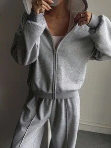 Livesso 女式连帽长袖上衣和宽松长裤运动套装，秋季 - 灰色 - 查看 5