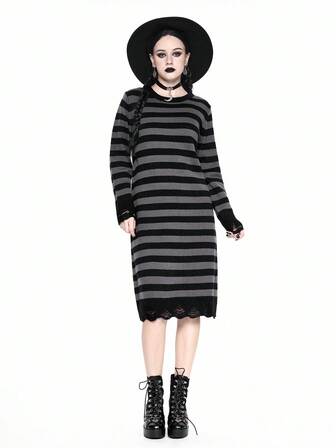 Goth Casual Colorblock Striped Lace Trim Knit Dress, Autumn/Winter