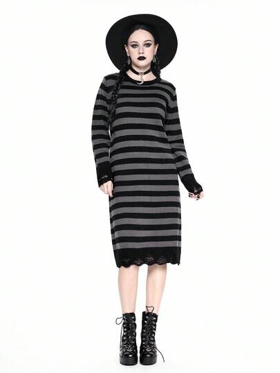 Goth Robe en tricot avec bordure en dentelle à rayures blocs de couleurs, automne/hiver