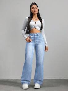 SHEIN ICON Women's Pocket Loose Wide Leg Casual Versatile Denim Pants - Light Wash - View 5