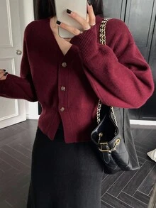 DAZY Women's Casual V-Neck Cardigan, Solid Color, Autumn - Burgundy - View 4