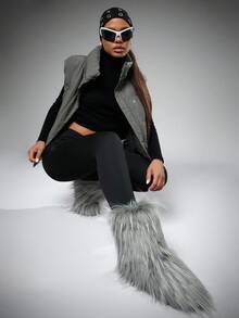 SHUZIA 女士时尚毛茸茸冬季保暖舒适高筒雪地靴 - 灰色 - 查看 4