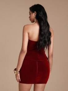 Glamine 2 件套性感毛茸茸披肩短款上衣和百搭迷你裙，适合派对、朋友聚会、优雅日常穿着 - 酒紅色 - 查看 7