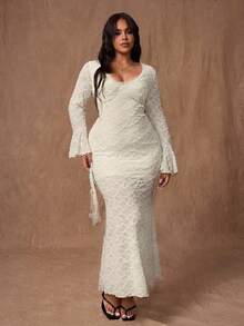 Rustia Plus Size Women's Elegant Lace Patchwork Flare Sleeve Long Dress, Patchwork Ruffle Hem Mermaid Fitted Dress, Autumn/Winter Fall Cloth For Women - Apricot - View 6
