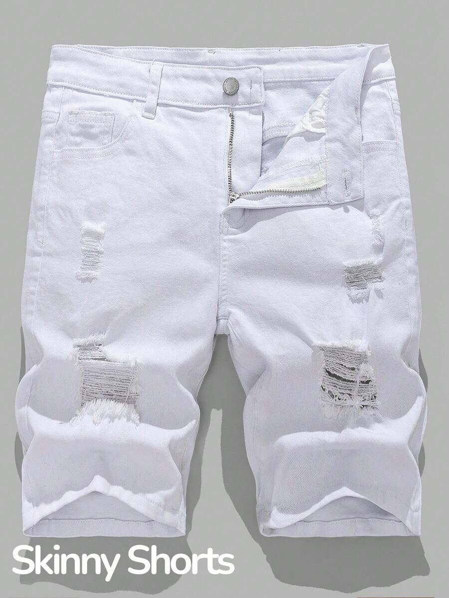 SHEIN Teen Boy Fashion Casual Y2k Cut Out Ripped Frayed Design White Denim Ripped Skinny Boys Shorts For Teen Boy Clothes Boys Soft Dailywear And Teen Boy Summer And Spring Clothes - White - View 1