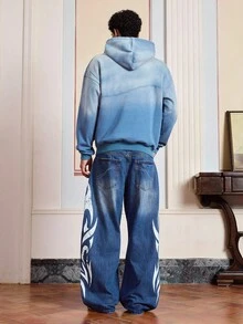 SWAVVY Men's Loose Fit Thermal Lined Long Sleeve Gradient Embroidered Hoodie Sweatshirt, Vintage Y2K Baggy Streetwear, For Fall Winter, Holiday - Blue - View 8