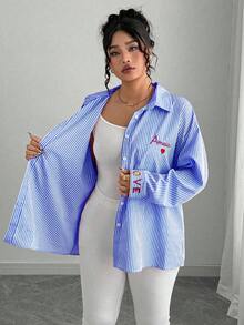Elenzga 大码女式法式条纹印花和刺绣心形衬衫 - 藍色 - 查看 4