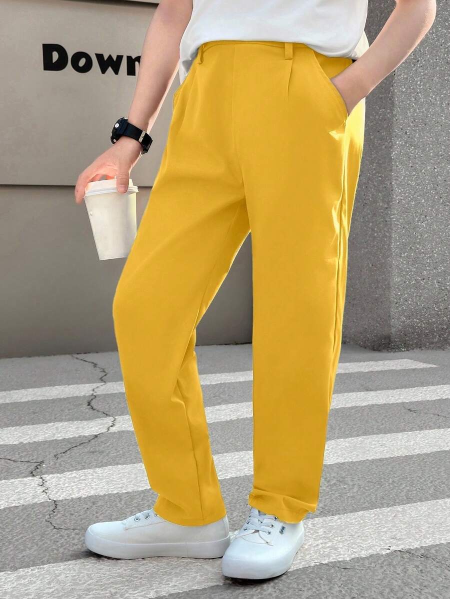 SHEIN 青少年男孩純色百褶休閒寬鬆街頭風西式錐腳長褲,適合學校或派對場合,秋季奶油黃 - 黃色 - 查看 1