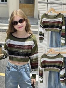 SHEIN Tween Girls Multi Color Striped Pattern Drop Shoulder Pullover Sweater Crop Sweater,Long Sleeve Tops, Suitable For Casual Daily Wear,In Fall/Winter - Army Green - View 12
