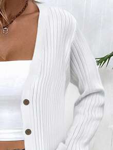 EMERY ROSE Ladies' V-Neck Single-Breasted Pocket Long Sleeve Elegant And Simple Cardigan,Long Sleeve Tops Fall Winter Cloth For Women - White - View 4