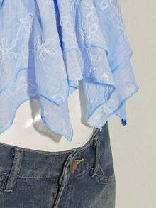 SHEIN ICON 女士褶皱前片修身性感镂空提花浪漫法式荷叶袖露背休闲度假短款吊带背心 - 藍色 - 查看 9