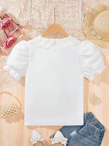 Tween Girl Solid Color Peter Pan Collar Short Sleeve Shirt With Front Buttons, Cute - White - View 5