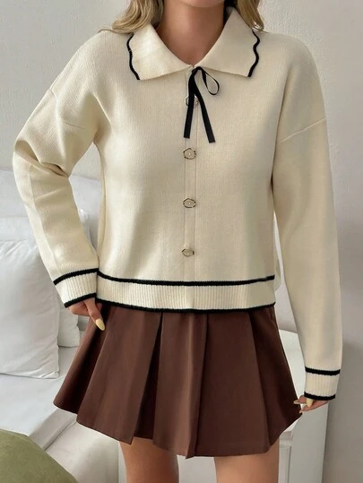 EURMUSE Women Solid Color Contrast Peter Pan Collar Front Button Cardigan Preppy Clothes Women Preppy Tops School Clothes Women French Style Clothes Womens Sweaters,Cardigans,Long Cardigans Woman,Petite,Tall