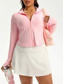 Rhythm Era Women's Minimalist Thumb Hole Stand Collar Zip-Up Long Sleeve Sports Casual Jacket, Suitable For Daily Wear, Running, Plus Size Plus Size Workout Top Zipper Tennis Skirt Set Plus Curvy Workout Top Zipper Front Women Athletic Zip Up Long Sleeve Gym Outfit Women Gym Shirt Women S Long Sleeve Plus Size Workout Top Zipper Front Workout Top Zipper Front Long Sleeve Curvy Workout Top Zipper Front Long Torso Gym Shirt Women Long Sleeve Blouse Gym Golf Outfit Women Curve - Baby Pink - View 5