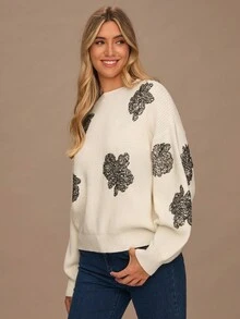 Enchnt Women's White Floral Sequin Drop Shoulder Long Sleeve Loose Casual Sweater,Elegant Autumn Clothes For Brunch, Sweet&Fashionable Party Top - Beige - View 6