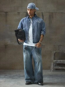 AXEPEAK Men's Washed Patch Craft Stylish Short Denim Jacket, Fall - Blue - View 5