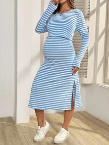SHEIN 孕妇休闲条纹侧开衩哺乳连衣裙 - 淺藍色 - 查看 5