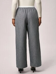 SHEIN Tall CURVE 大码女式撞色条纹梭织长裤，适合秋冬季 - 灰色 - 查看 2